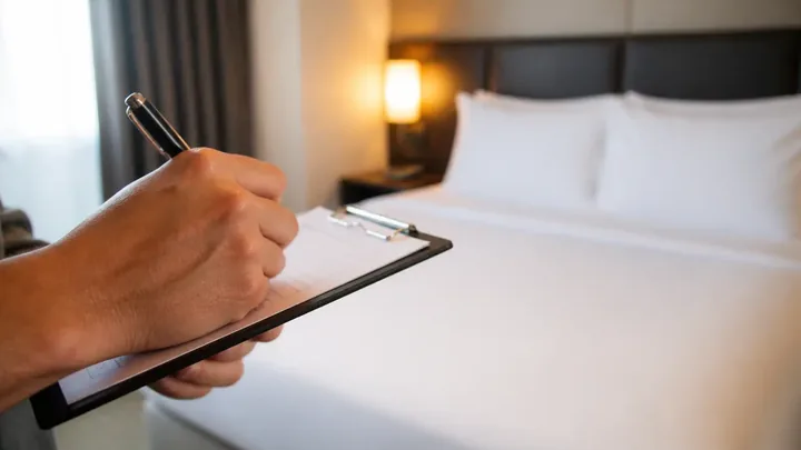 Hand writing on a clipboard beside a hotel bed and lamp