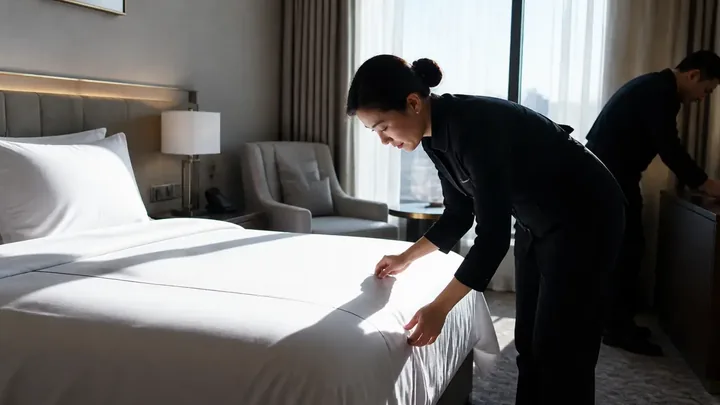 Housekeeper tucking in a hotel bed while a colleague works nearby