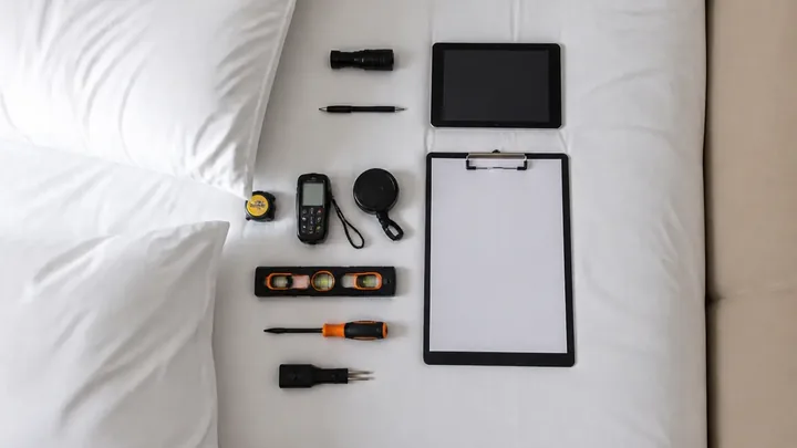 Flat lay of inspection tools including a tablet, level, and screwdriver on a bed