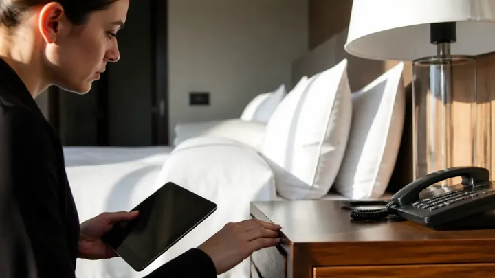 Woman holding a tablet while checking a hotel nightstand and phone