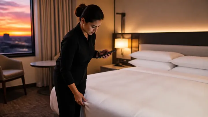 Housekeeper tucking a hotel bed at dusk with sunset in the window