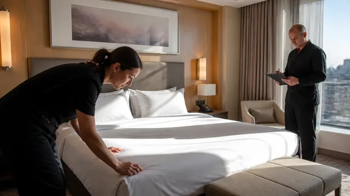 Housekeeper making the bed while a man reviews a clipboard nearby