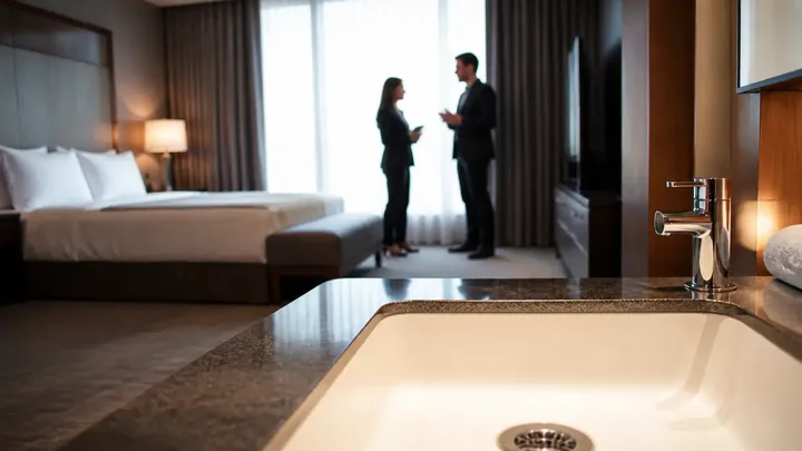 Bathroom sink faucet in foreground with two people talking behind
