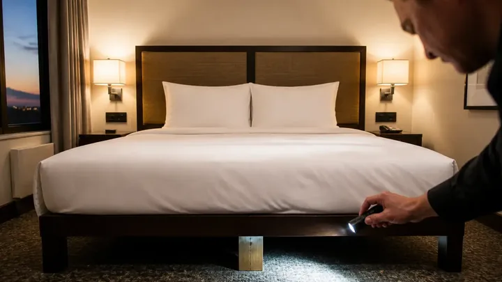 Man shining a flashlight under a hotel bed frame at night