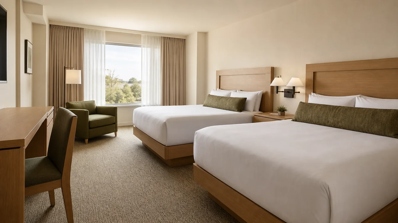 a spacious California double-queen hotel room with matching headboards, coordinated bedside furniture and a small olive lounge chair near the window