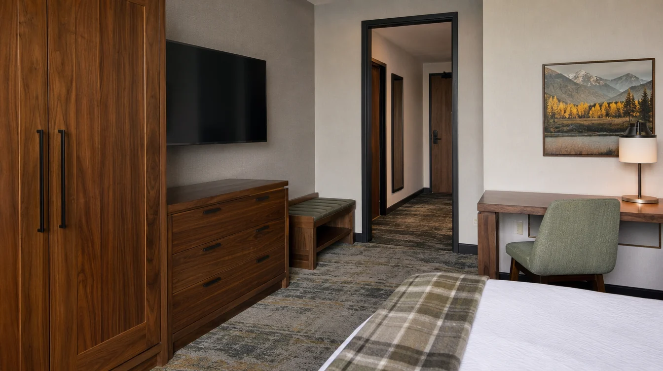 a Colorado hotel guest room featuring a substantial walnut wardrobe, dresser and separate luggage bench beside a writing desk with a moss upholstered chair, realistic full-size storage and a clear doorway route