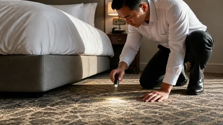 Man kneeling to inspect the carpet with a flashlight beside a bed