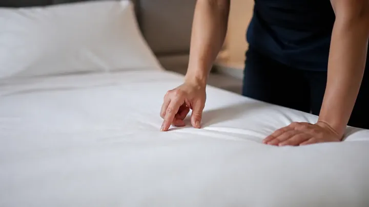 Hand pressing down on a hotel bed to check the mattress