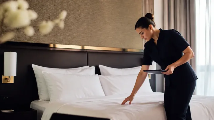 Housekeeper smoothing a bed while holding a clipboard, blossom branch in view