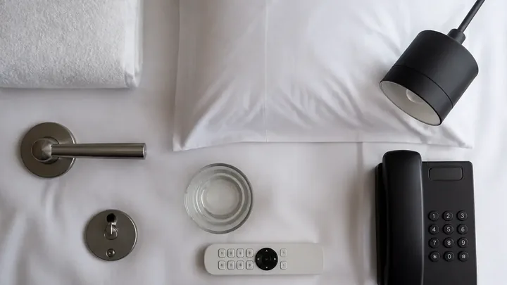 Flat lay of a door handle, towel, glass, remote, and phone