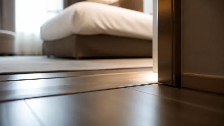 Close-up of a floor transition strip between carpet and wood flooring