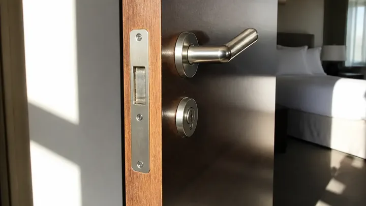 Close-up of a hotel door handle and deadbolt with bed behind