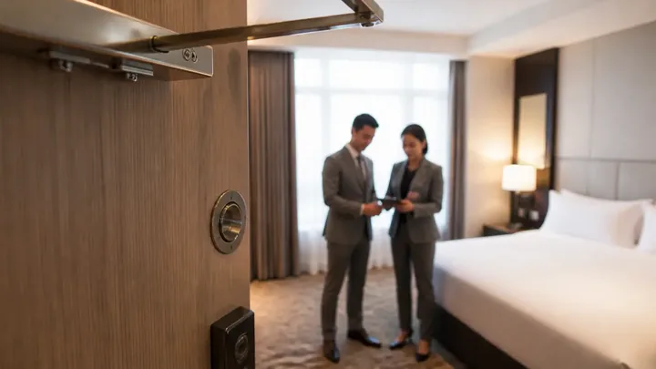 Close-up of a door closer arm with two people talking behind