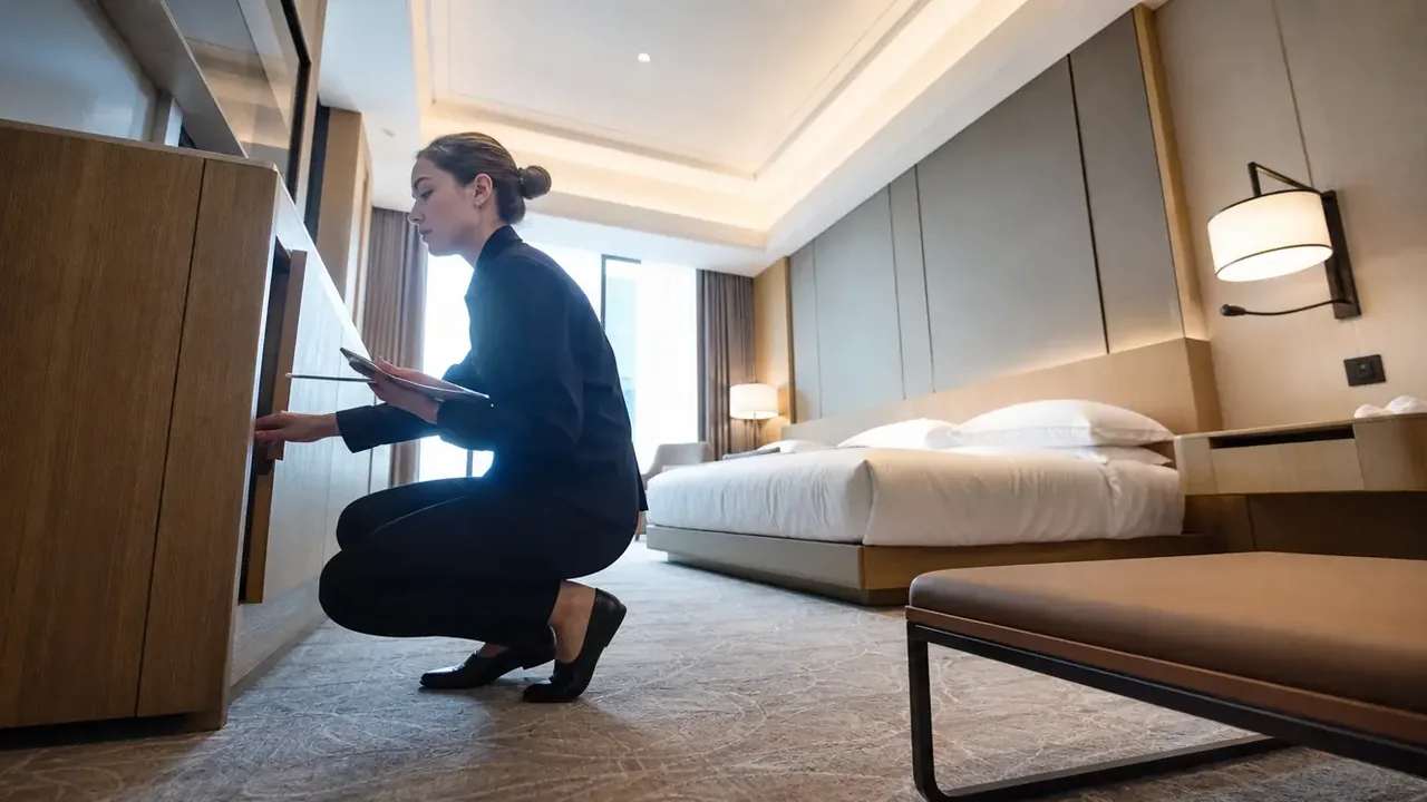 Woman kneeling to inspect a dresser drawer beside a hotel bed
