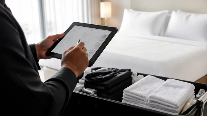 Hand holding a tablet checklist beside a cart of folded towels