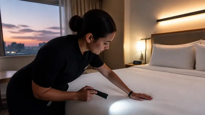 Housekeeper inspecting a bed with a flashlight at dusk