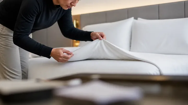 Woman checking a fitted sheet corner on a hotel bed