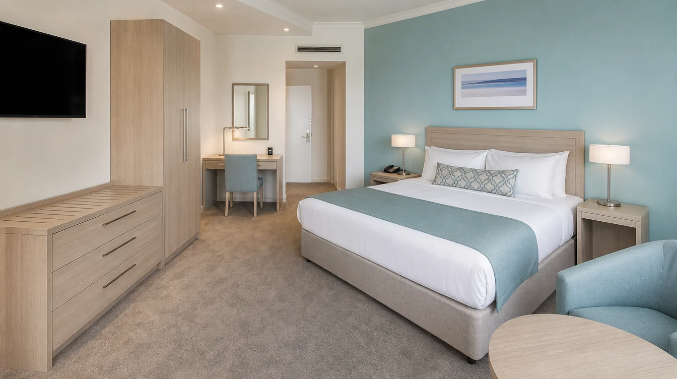 light ash hotel wardrobe, dresser with clear luggage surface and a compact writing desk with an upholstered chair