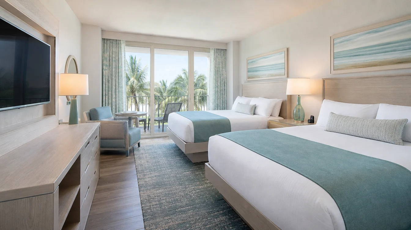 a Florida resort-style hotel double-queen guest room with light ash furniture, sea-glass blue upholstery and bright natural window light