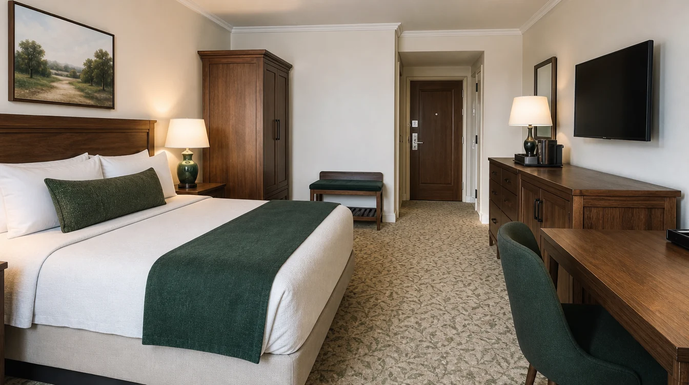Hotel desk, chair, wardrobe and dresser in coordinated wood finishes