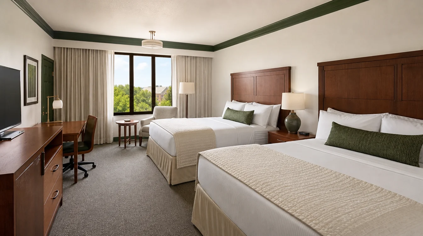 a Georgia hotel double-queen room with simple pecan headboards, cream textiles and two distinct work and storage zones
