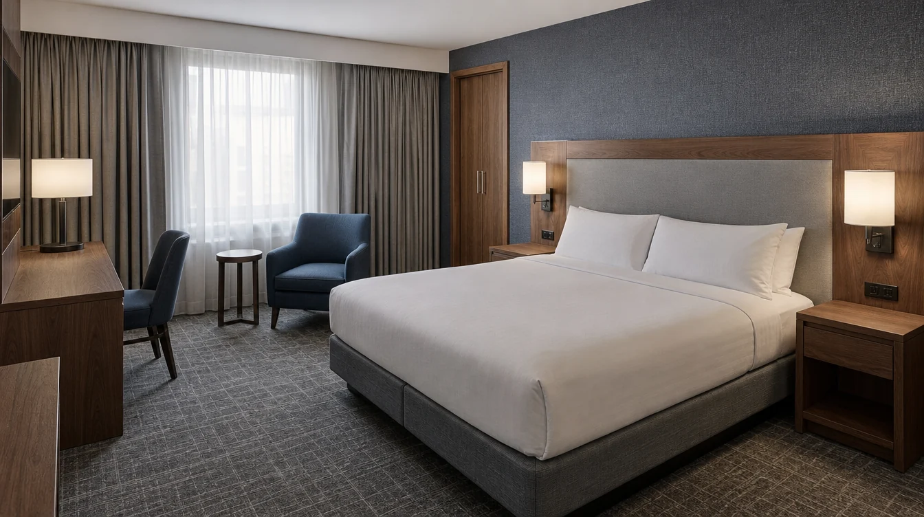 a stone gray headboard and walnut bedside tables with usable surfaces, matching bed base and simple bedside lighting