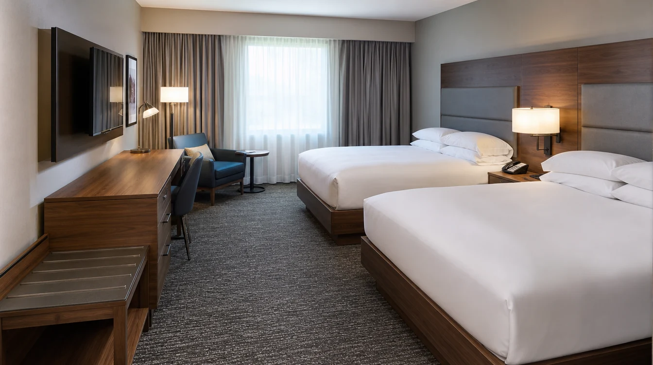 an Illinois double-queen hotel guest room with coordinated walnut casegoods, stone gray headboards and a clear separate luggage bench