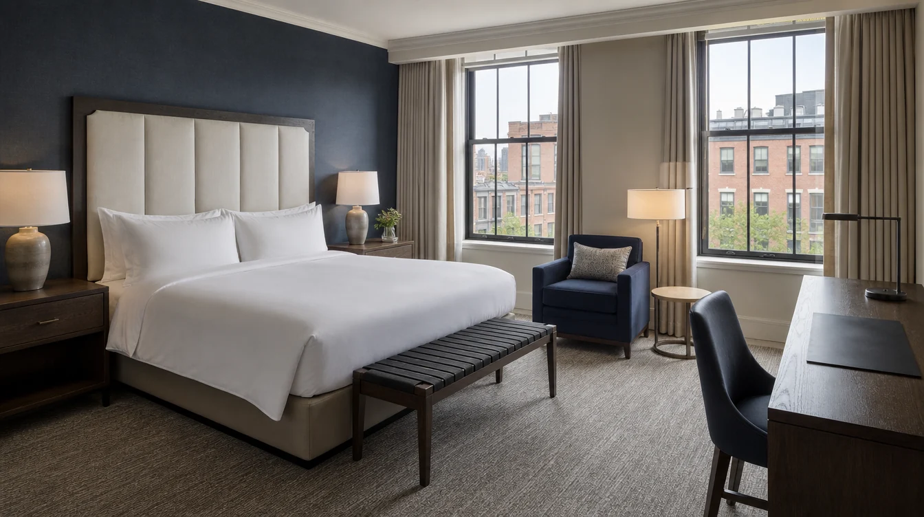 Coordinated king guest-room furniture in a Massachusetts hotel