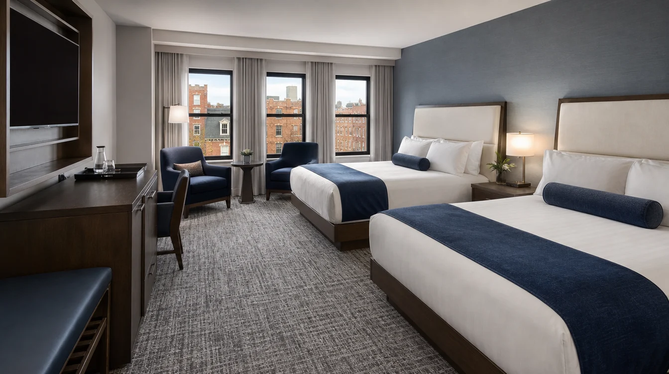 Complete hotel room package with bedroom furniture and seating in Massachusetts