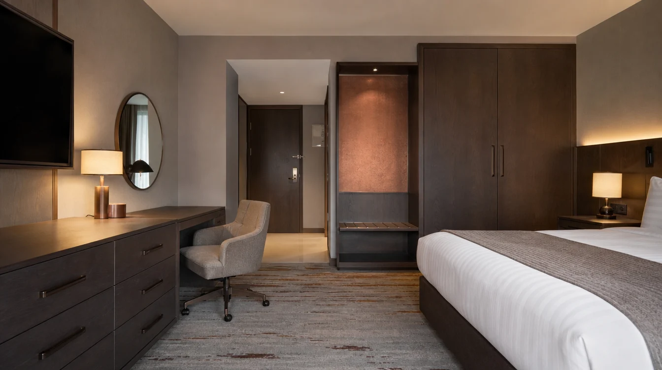 a smoked oak hotel dresser and writing desk with a substantial upholstered task chair, a closed wardrobe and clear luggage area