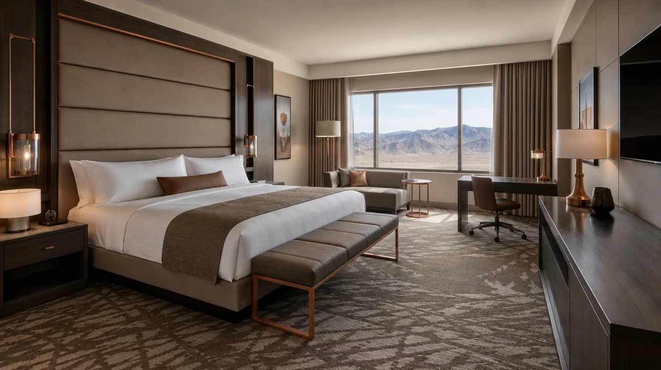 a spacious Nevada hotel king guest room with smoked oak furniture, warm taupe upholstered headboard and understated copper accents in clear daylight