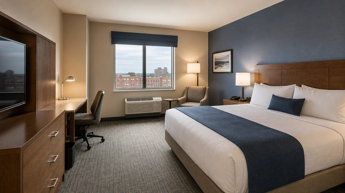 a compact contemporary New Jersey business hotel king guest room with a window toward low-rise brick city buildings