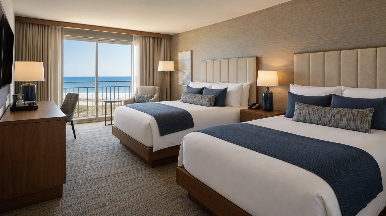 a newly furnished coastal New Jersey double-queen hotel guest room with sand linen upholstery, walnut casegoods and soft blue accents