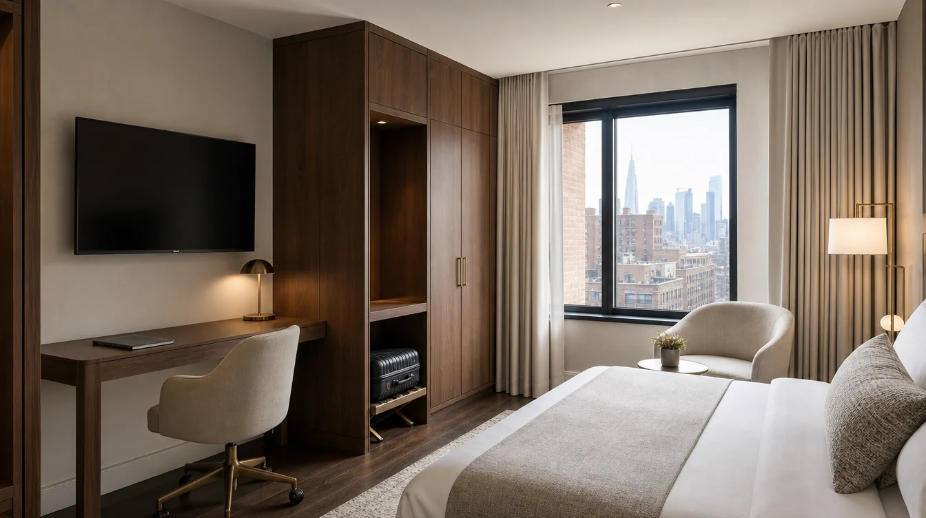 a shallow walnut writing desk, comfortable compact desk chair and full-height wardrobe with a dedicated luggage shelf in a New York hotel room