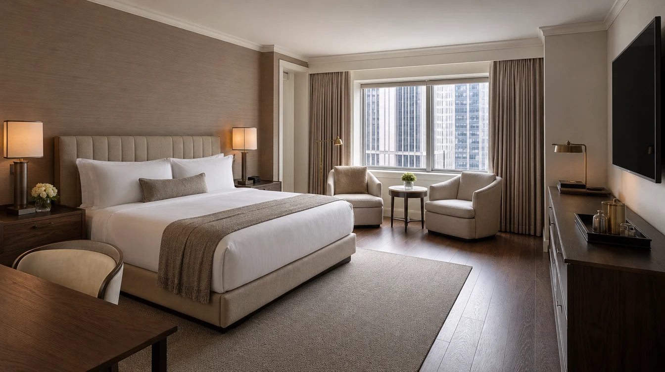 a New York hotel suite bedroom with walnut bedside furniture, a compact sitting nook and restrained warm neutral finishes