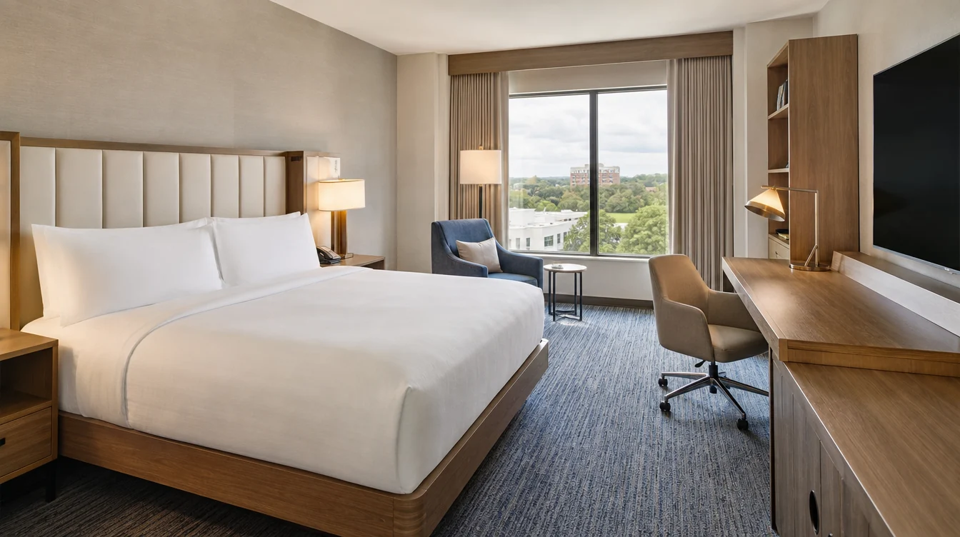 a contemporary North Carolina hotel king guest room with light walnut casegoods, an ivory upholstered headboard, a usable writing desk and a slate blue lounge chair, leafy low-rise city surroundings beyond the window