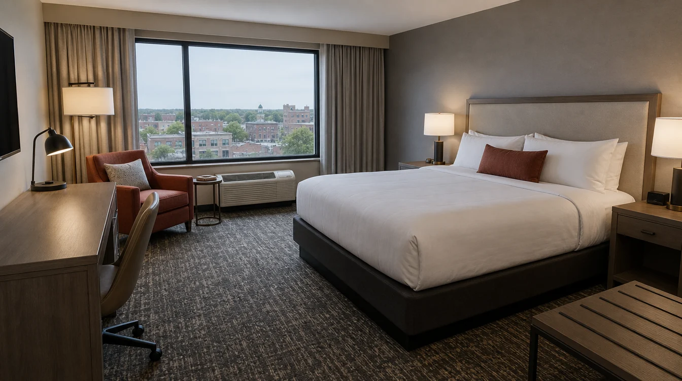 Coordinated king guest-room furniture in a Ohio hotel