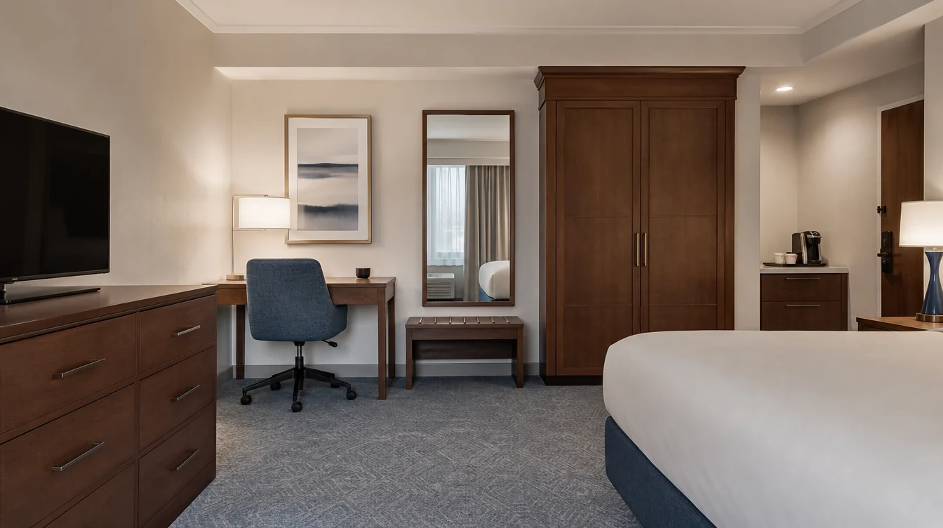 a chestnut dresser and new writing desk coordinated with a hotel wardrobe, dusty blue upholstered task chair and a luggage bench