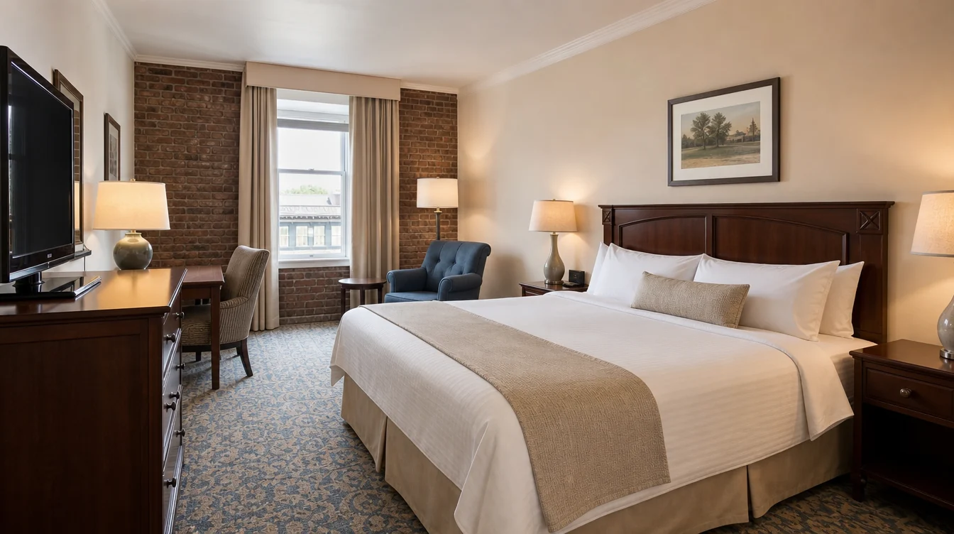 a Pennsylvania hotel king guest room in a renovated masonry building with chestnut furniture, warm cream textiles and a dusty blue lounge chair