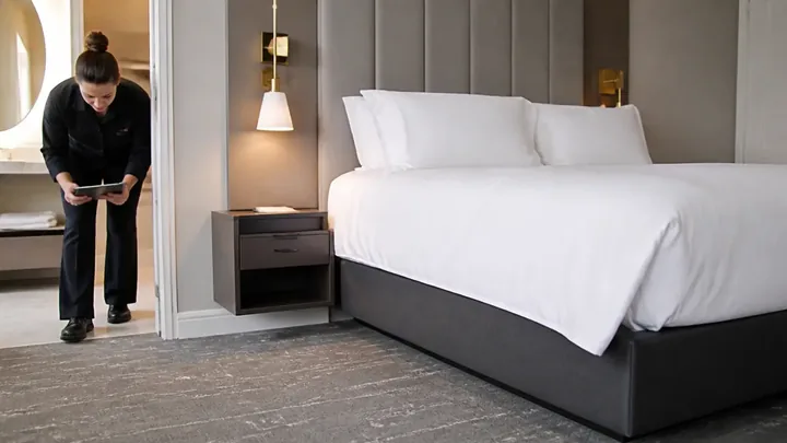 A staff member holding a tablet stands in a doorway beside a furnished guestroom