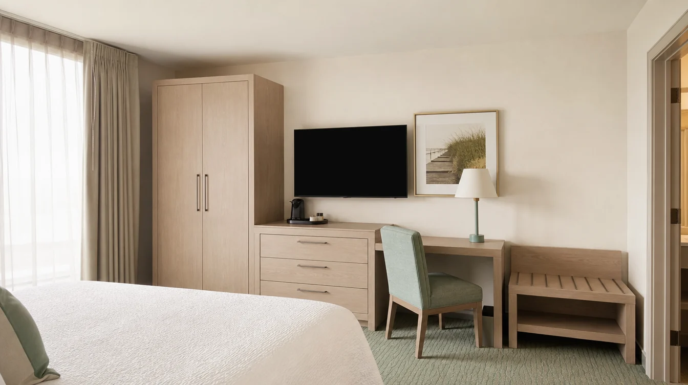 a South Carolina hotel bedroom storage and work arrangement with pale oak wardrobe and dresser, a separate luggage bench and a compact sea-green upholstered desk chair at a usable writing surface