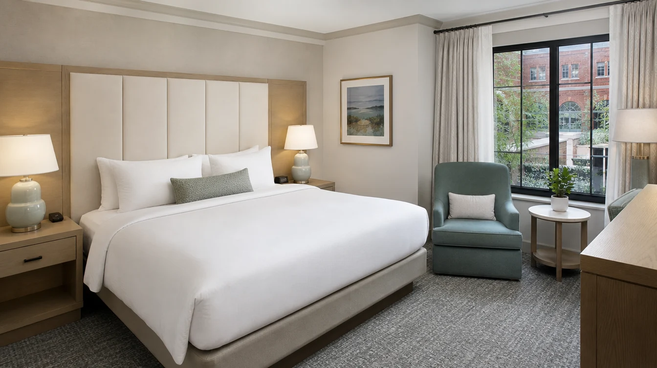 a South Carolina city hotel king room with cream headboard upholstery, pale oak casegoods and a sea-green lounge chair beside an occasional table, traditional tall windows and a modest courtyard view