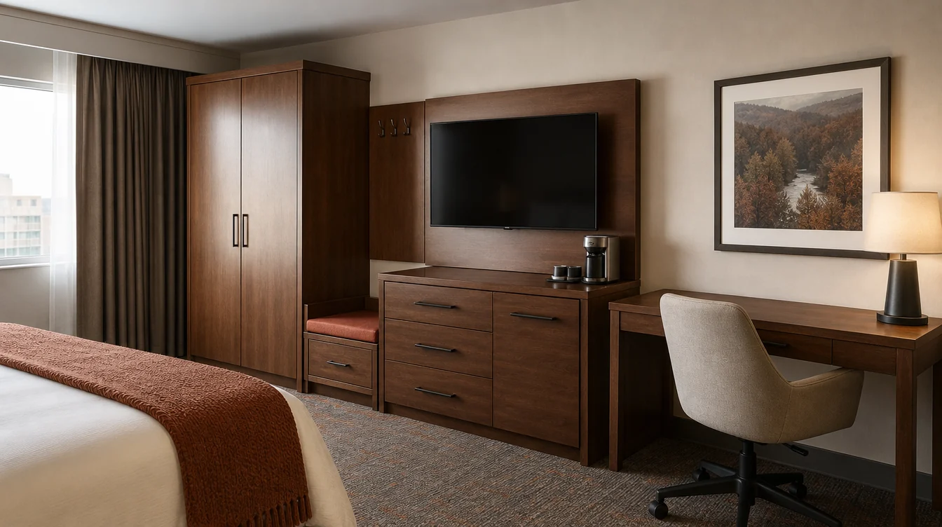 a Tennessee hotel guest-room work and storage wall with chestnut dresser, wardrobe, luggage bench and separate writing desk, oatmeal upholstered task chair and realistic hardware