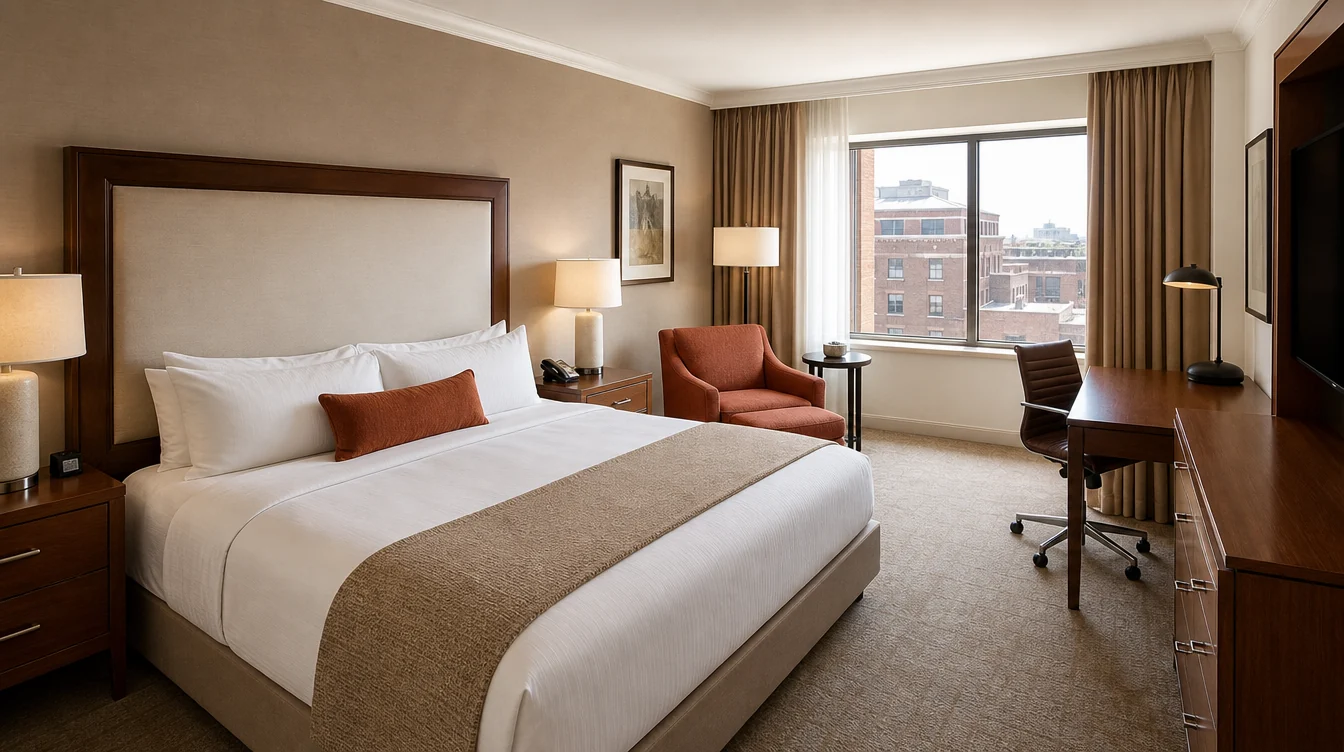 a Tennessee city hotel king guest room with warm chestnut furniture, oatmeal headboard upholstery, a proper writing desk and a muted rust lounge chair, brick urban buildings softly visible through the window