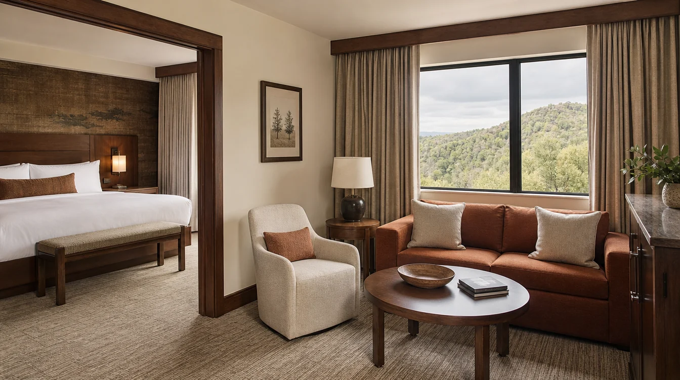 a Tennessee foothills hotel suite with a distinct king bedroom and a separate sitting area containing a rust upholstered sofa, one oatmeal lounge chair and chestnut occasional tables, a leafy hillside visible beyond the window