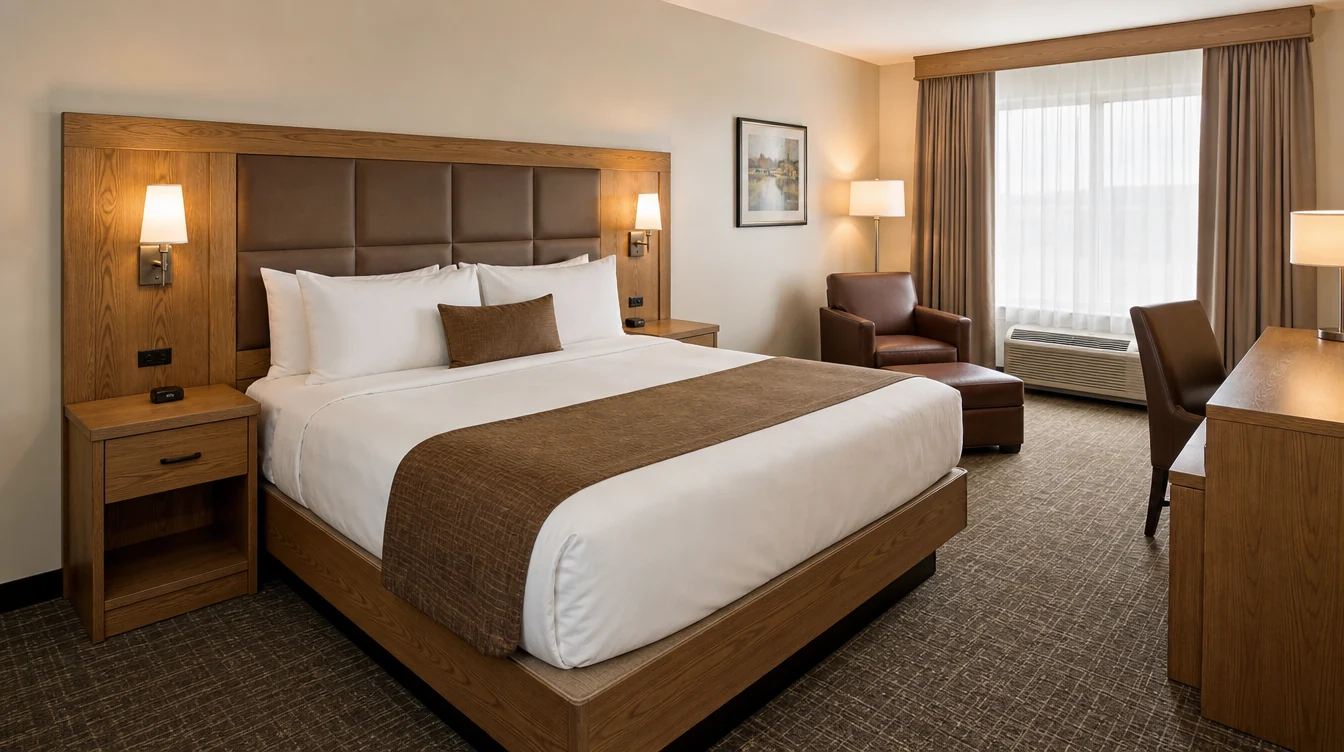 a wide oak hotel headboard with soft upholstered panels, matching nightstands and a solid bed base in a Texas guest room
