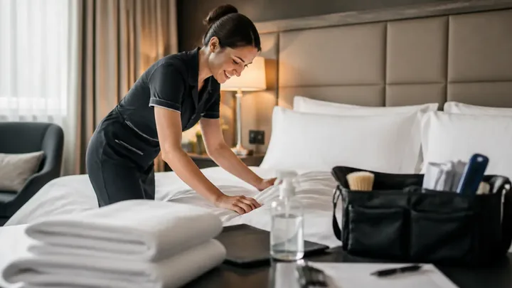 Housekeeper arranging a pillow beside a toiletry kit and folded towels