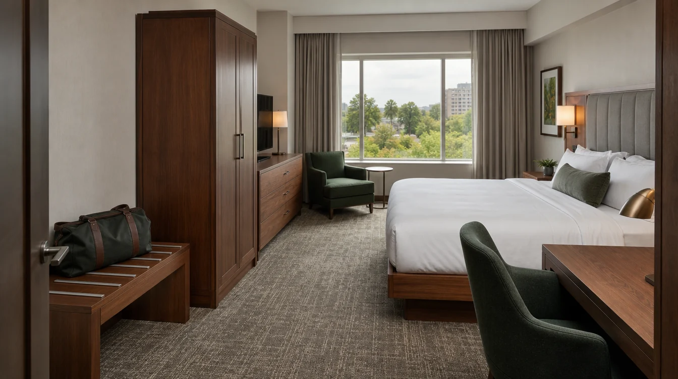 Hotel wardrobe, desk, dresser and luggage furniture in Washington