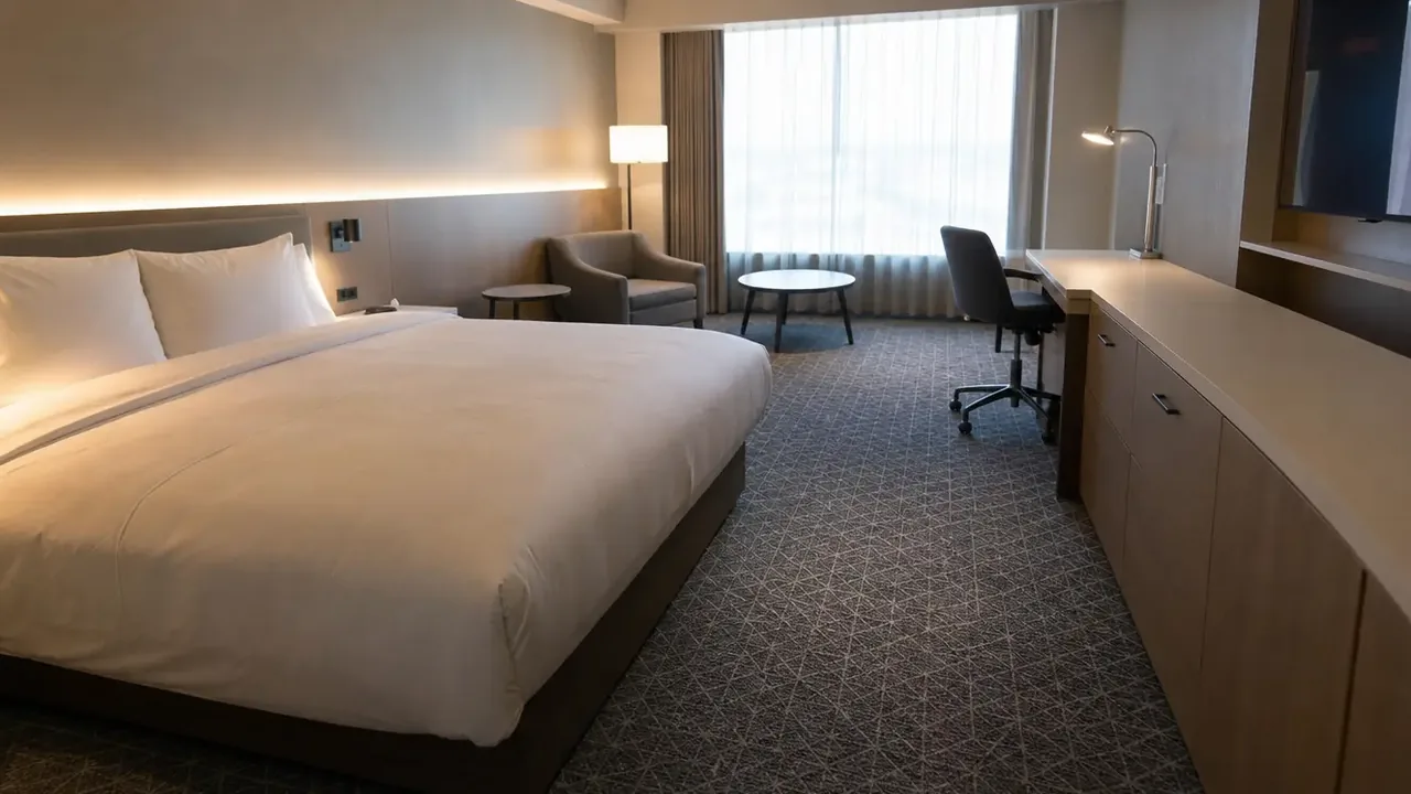 Hotel guest room with a bed, upholstered lounge chair, round table, desk and storage cabinet