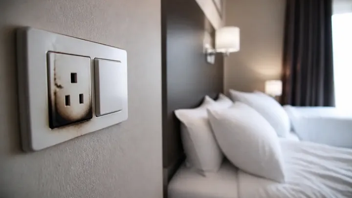 Close-up of a burned and scorched electrical outlet beside a bed